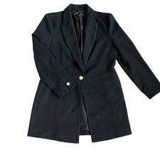 Zara Long Line Tailored Blazer Jacket Fits Sz M Black Lapel Collar Single Button