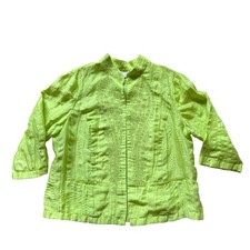 CHICO'S Jacket Womens Embroidered Linen Blend Open Front 3/4 Sleeve Green Size 3