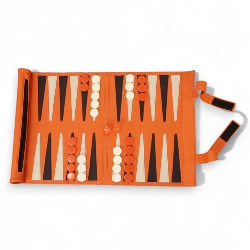 18-Inch Orange Leatherette Backgammon Set – Roll-Up Travel Game