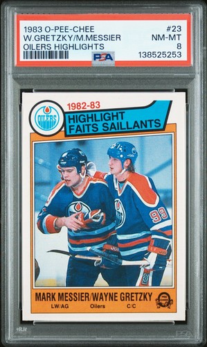 Wayne Gretzky and Mark Messier 1983 O-Pee-Chee Highlights Card #23 Graded PSA 8
