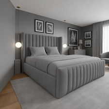 Image of Winged Panel Bed Frame Plush Velvet Upholstered Ottoman Gas Lift Storage Double