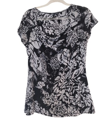 Cable & Gauge Blouse Woman's L Black White Floral Mesh Cowl Neck Short Sleeves