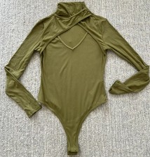 HALARA Women Olive long sleeve bodysuit Crossover Cut Out Neckline SZ S NEW