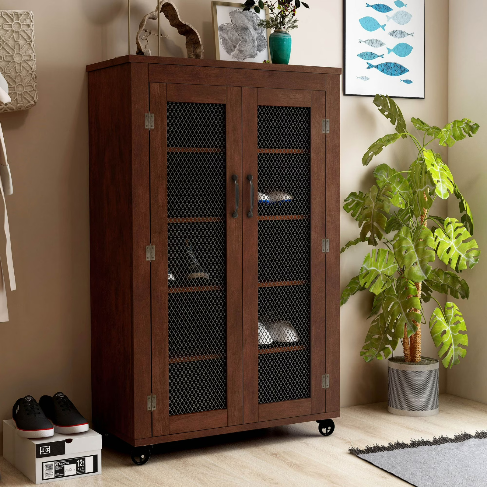 Rustic Walnut Wooden Storage Cabinet Curio Display Bookcase Accent Cage Door
