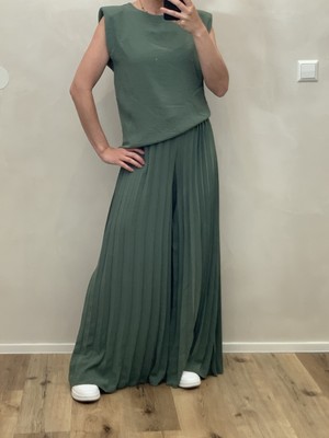 2-teiliges Set Khaki Wide Leg Hose Plissee & Bluse Onesize bis Gr. 40 (T1) H