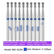 Vakker 10pc Dental 802-012M Medium Grit FG Diamond Burs Round with Neck Bur