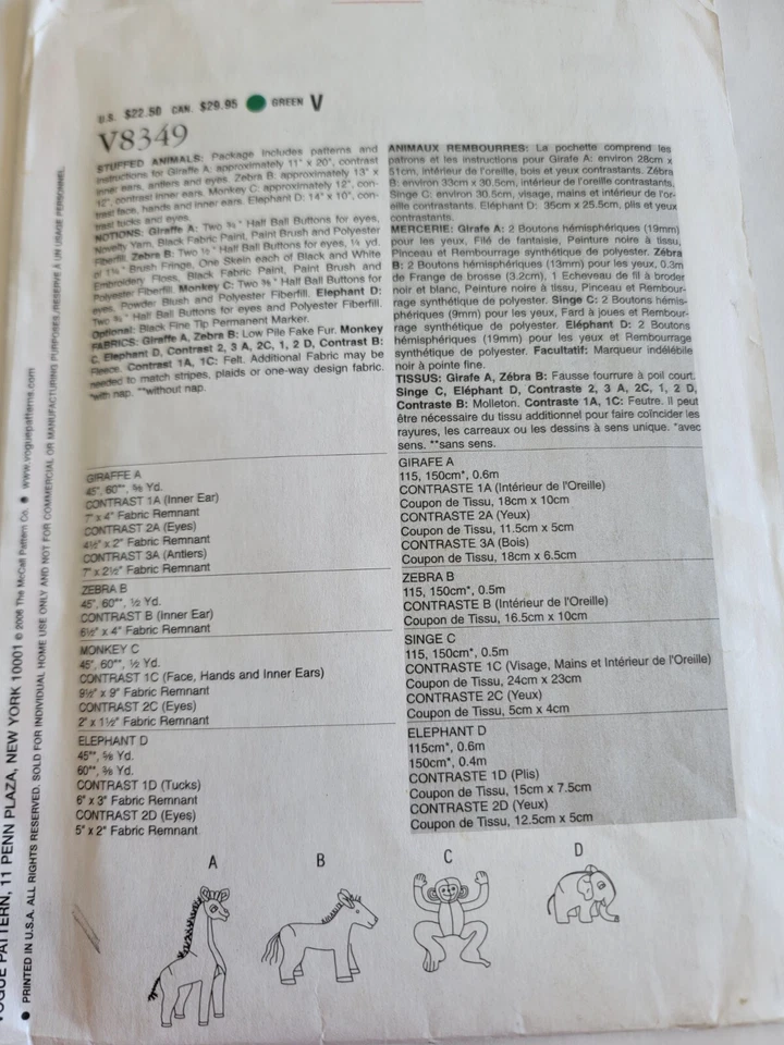 Vogue Craft V8349 One Size Zebra, Giraffe,elephant ,monkey Designed Linda Carr - Image 2 of 2