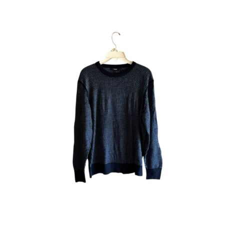 Theory Maden Crew Baltic Novo Men Merino Blue Check Thigh Knit Pullover Size L