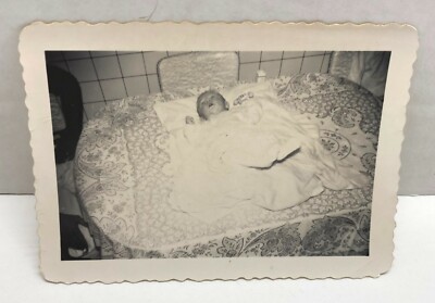 Vintage Photo Little Baby on Kitchen Table Ready for Diaper Change 1950s