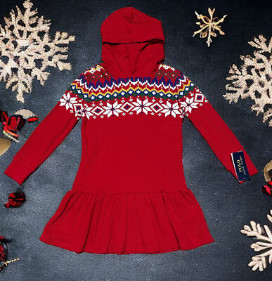 NEW-6 Girls Polo-Ralph Lauren Fair Isle Waffle-Knit Hooded Red Christmas  Dress | eBay