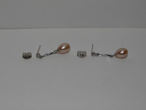 Pendientes de oro blanco de 14 K de diamantes y perlas rosa 2,0 gramos ~ YCH ~ joyería - Imagen 1 de 10