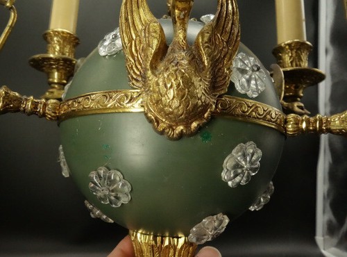 CHANDELIER 3 LIGHTS, SWANS DECOR, EMPIRE STYLE - BRONZE & GLASS - FRENCH ANTIQUE - Picture 15 of 18