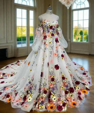 Floral Lace Ball Gown Wedding Dresses with Detachable Sleeves Bridal Gowns