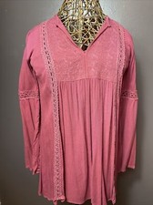 Angie Wine V Neck Sheer Bohemian Boho Shirt Dress Bell Sleeve Small