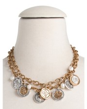 PATRICIA NASH ANTIQUE GOLD,SILVER TONE FAUX PEARL COIN CHARM LINK CHAIN NECKLACE