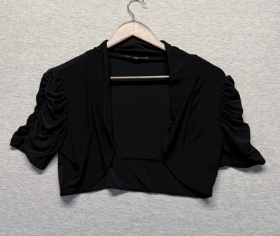 Blu Sage Crop Cardigan Sweater Women Large Black Ruched Sleeve Open Front Winter