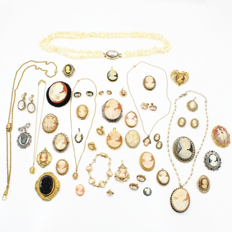 Vintage Cameo Necklace 15.25-20IN Pin Earring Pendant Jewelry Lot of 44 #M1389-1