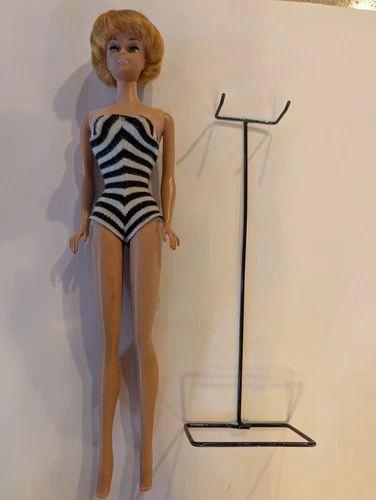 New ListingVintage Original Mattel Blonde Bubblecut Barbie With Swimsuit And Stand