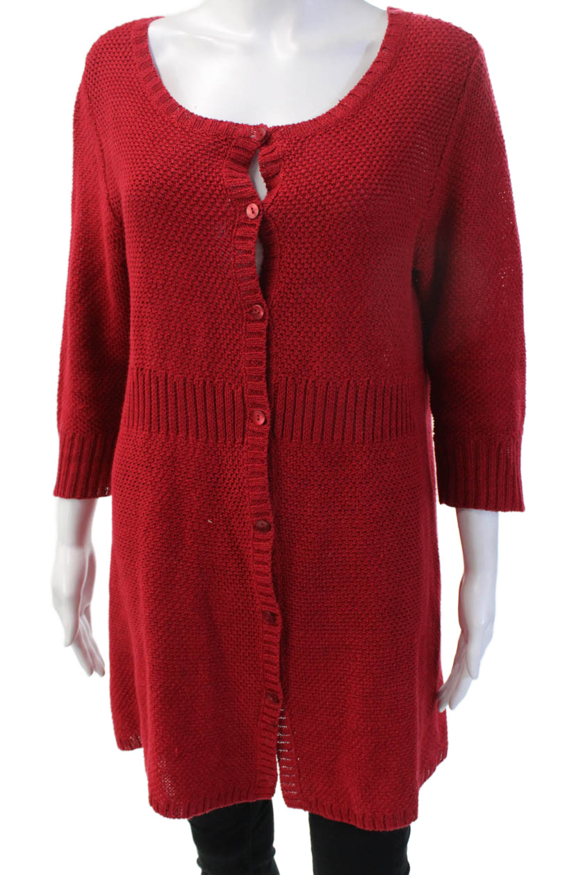 Eileen Fisher Women Red Hemp Cardigan 3/4 Sleeve Button Round Neck Size MFree Shipping in US $100+ Orders | $6.95 Orders Below