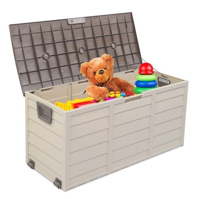 Brown Cover Wood Grain With Two Wheels Garden Lockable Storage Box 75 GAL