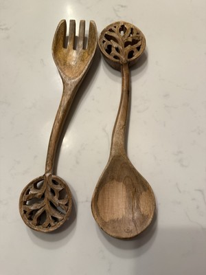 Mango Natural Wood Set Fork & Spoon Utensils Kitchen Hand Craved Detailed Detail