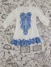 Max White Blue Embroidered Tunic Dress Women's Size S 100% Cotton Ruffled Hem