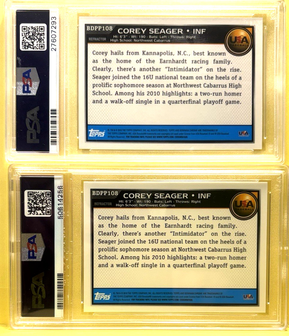 2010 BOWMAN CHROME DP+PROS. REFRACTOR COREY SEAGER #108 2 CARD LOT PSA9 FREE SHP view 4