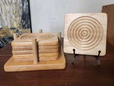 Vintage set of 6 Light Color Wooden Coasters in Holder - Thailand