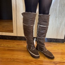 Vintage Tan Suede Leather 70s Shearling Fur Lined Knee High Boots Women s Sz 7.5