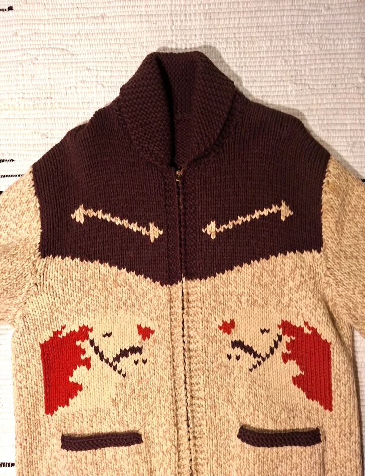 Cowichan De Colección Suéter Tejido a Mano Marrón/Tostado Cremallera Vacas Chal Cuello Para Hombres Grande Foto 4 de 4