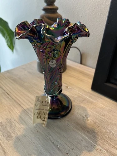Fenton Daffodil Amethyst Purple Carnival Glass Ruffle Rim Footed Trumpet Vase
