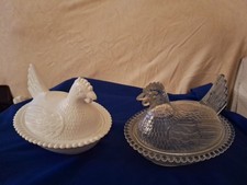 Two Vintage Mcm  Indiana Glass Laying Hens  One Milk Glass The Other Clear