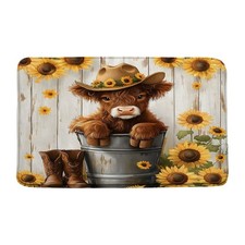 Highland Cow Sunflower Bathroom Rugs Mat,Cute Cattle Flower Wooden Western Ru...
