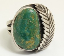 Vintage Navajo Sterling Silver Old Pawn Green Turquoise Feather Ring Sz5.5
