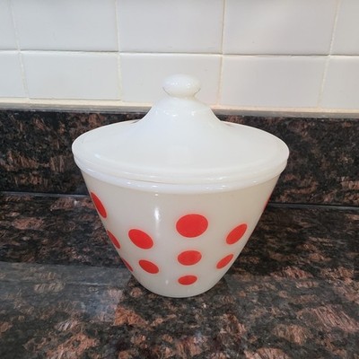 ファイヤーキング　ポルカドットグリスジャーとソルトアンドペッパー Vintage FIRE KING Glass Red POLKA DOT Grease Jar with Lid | eBay