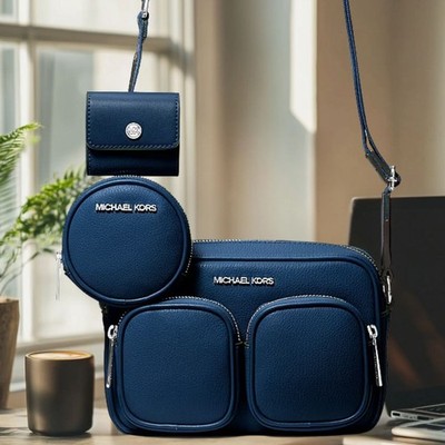 Michael Kors Jet Set Women Medium Leather Crossbody Bag with Airpods Case Navy