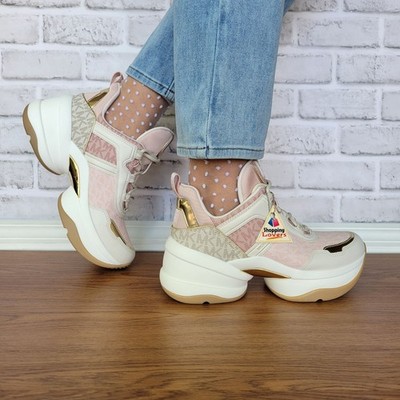  Michael Kors Olympia Mixed Media Trainer Platform 8M Women Shoes Sneakers Pink