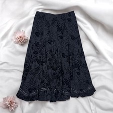 Vintage 90s Black Flower Print Velvet Maxi Skirt Witchy Whimsigoth Elegant Fairy