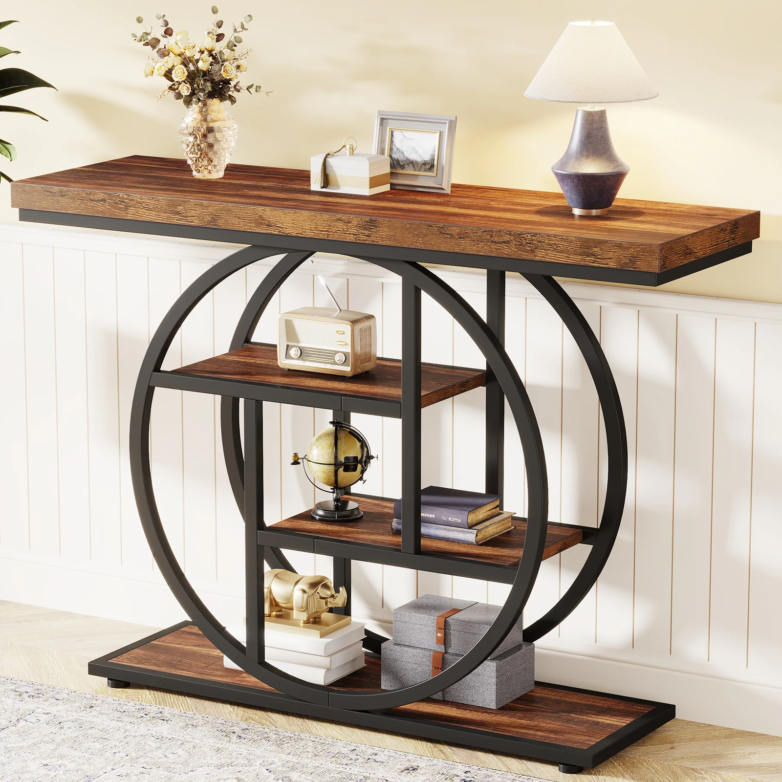 Console Table for Entryway, Industrial 4-Tier Sofa Table behind Couch