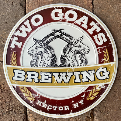 Beer Sign Two Goats Brewing Hector New York NY Round White Red Vintage Man Cave