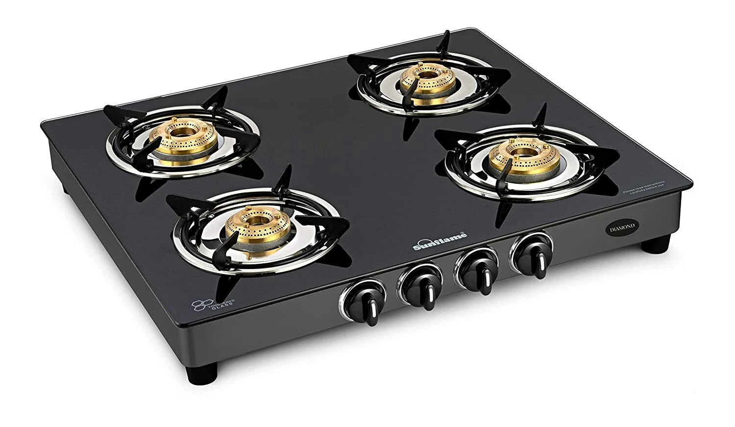 Sunflame Diamond Top 4 Burner Gas Stove BK Glass Iron Black Color Best Gift