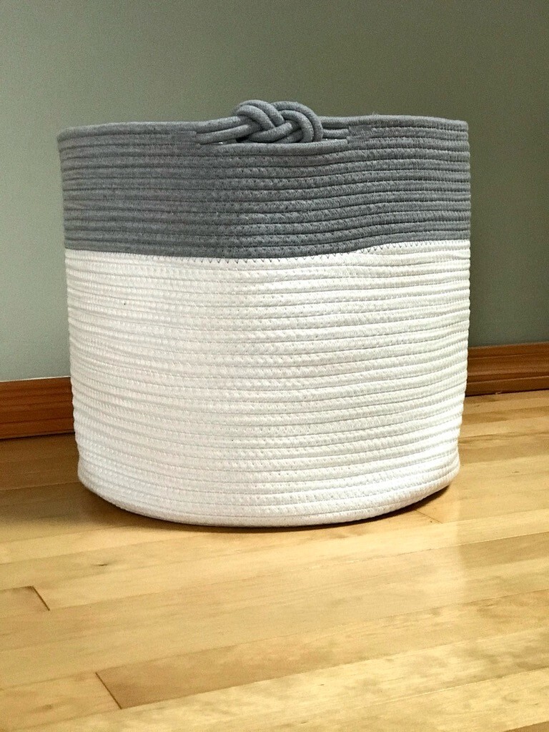 Cotton rope storage baskets with handle, gray/natural color for blankets, books