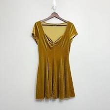 UO Kimchi Blue Velvet Mini Dress Size Medium Women's Mustard Yellow Ruched