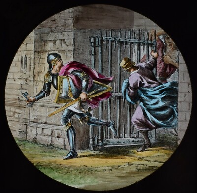 ANTIKES Zauberlaternendia PILGERFORTSCHRITT NR79 UM 1890 ZEICHNUNG RITTER MIT SCHLÜSSEL