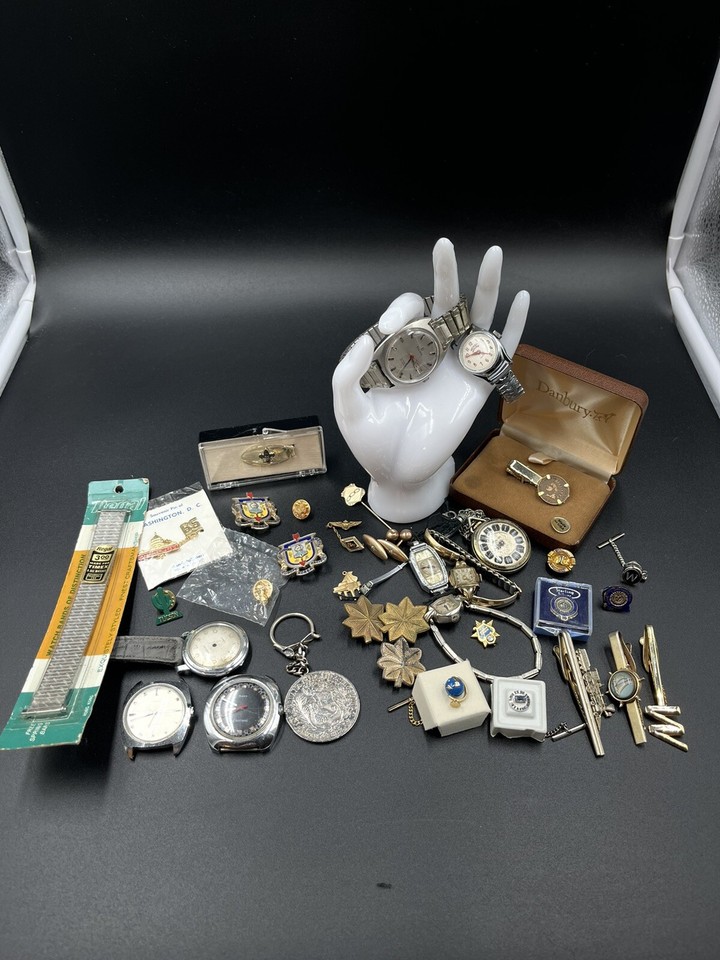 Junk Drawer Men’s Estate Jewelry Watches Frat Military Pins Silver 36