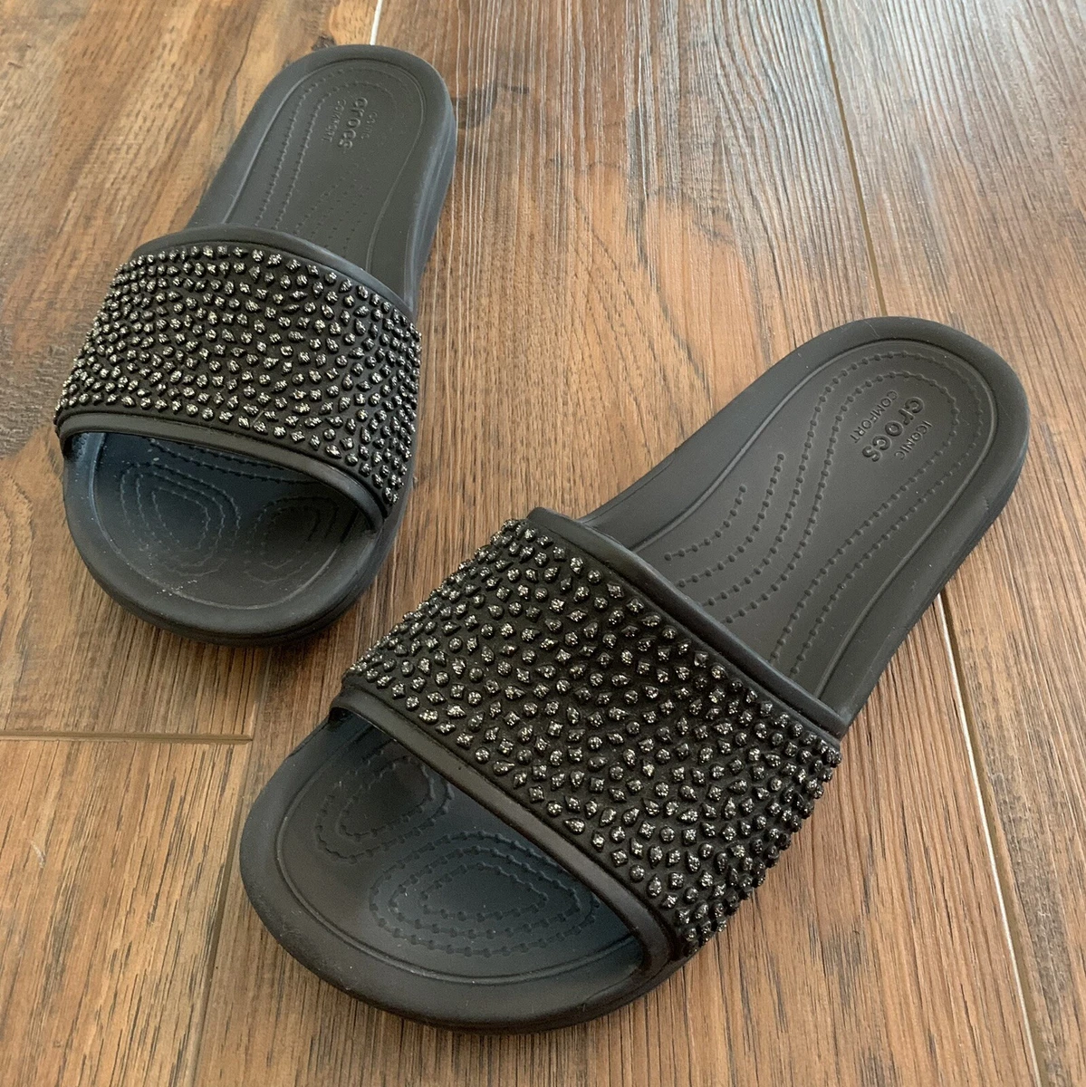 Crocs Sloane Embellished Slide Slip-On Sandals Black Comfort 204691 Women's  Sz 6