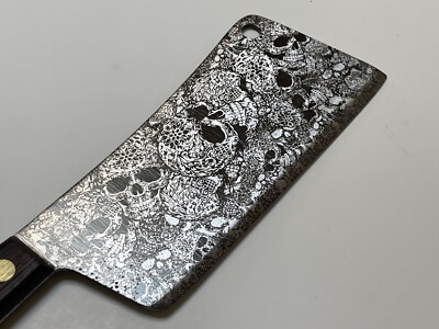 Custom Engraved Skulls Carbon Steel Small Meat Cleaver Knife, Wooden Handle 5in