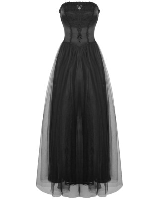 Dark In Love langes Gothic Ballkleid Ball Brautkleid schwarz Perlen Netz Spitze Maxi