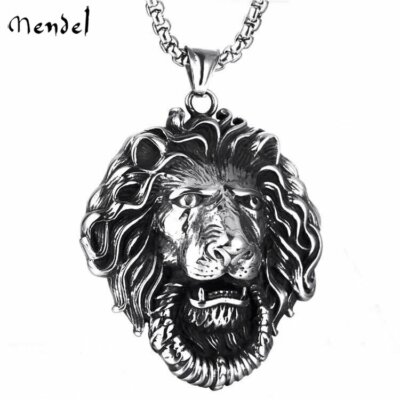 MENDEL Mens Large Lion Head Pendant Necklace Chain Stainless Steel Black Silver