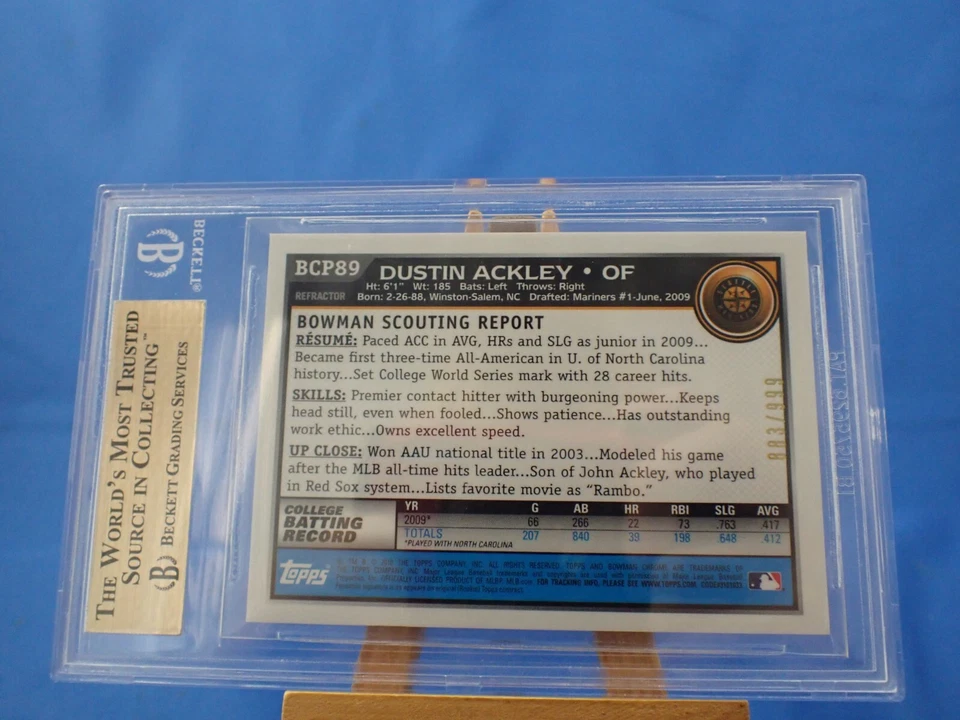 Dustin Ackley Bowman Chrome 2010 Prospects Purple Refractor /999 BGS 9.5 Gem MT - Image 2 of 2